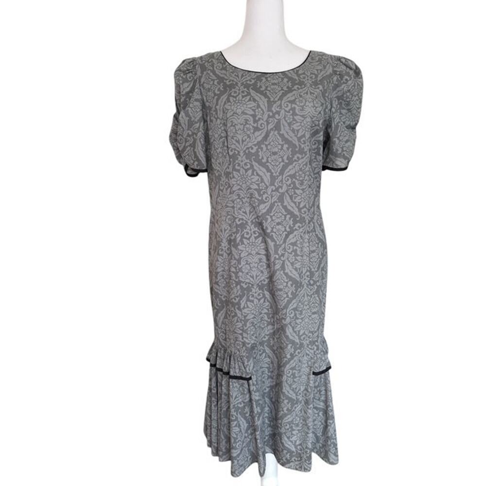 Vintage Nui Nalu Women's Tropical Puff Sleeve Midi Dress - Made in USA Size 8-10